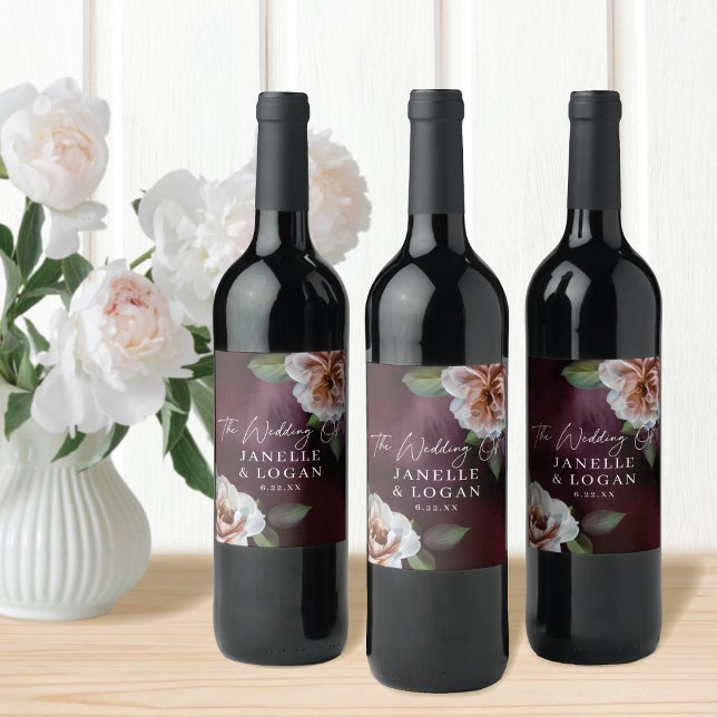 Étiquette Pour Bouteilles De Vin Sombre + Moody Rustique Floral Mariage (Créateur téléchargé)