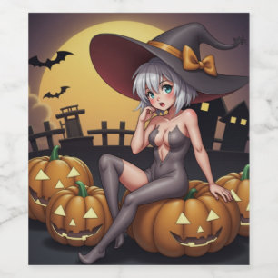 Étiquette Pour Bouteilles De Vin Sorcière d'Halloween aux Yeux Verts sur des Jack-O