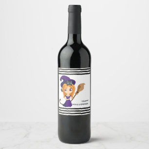 Étiquette Pour Bouteilles De Vin Sorcière mignonne en Casquette violet Halloween
