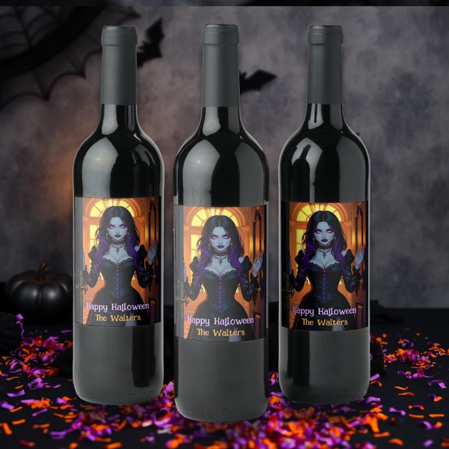 Étiquette Pour Bouteilles De Vin Sorcière noire et violette Personnalisée Halloween (Créateur téléchargé)