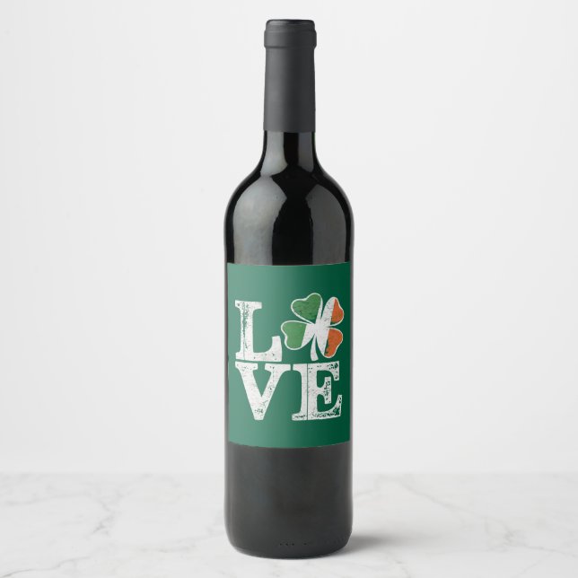 Étiquette Pour Bouteilles De Vin St Patrick Love Chance Irlande Trèfle Vert  (Devant)