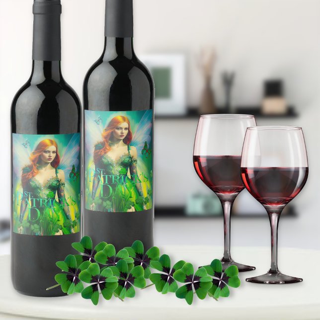 Étiquette Pour Bouteilles De Vin St Patrick's Day Green Irish Fairy 3 feuilles Clov (Créateur téléchargé)