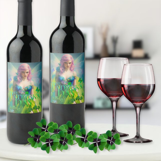 Étiquette Pour Bouteilles De Vin St Patrick's Day Irish Fairy avec détail de Clover (Créateur téléchargé)