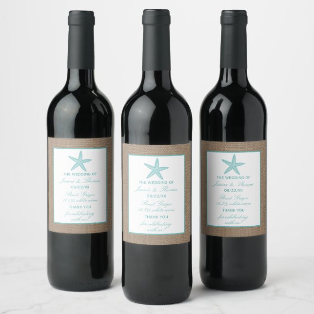 Étiquette Pour Bouteilles De Vin Starfish Turquoise Burlap Beach Wedding Collection (Bouteilles)