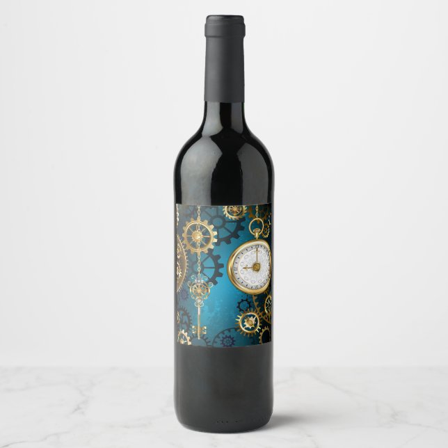 Étiquette Pour Bouteilles De Vin Steampunk Arrière - plan turquoise avec Gears (Devant)
