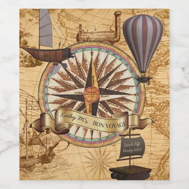 Étiquette Pour Bouteilles De Vin Steampunk Travel Antique Carte Compass Adventure (Étiquettes simples)