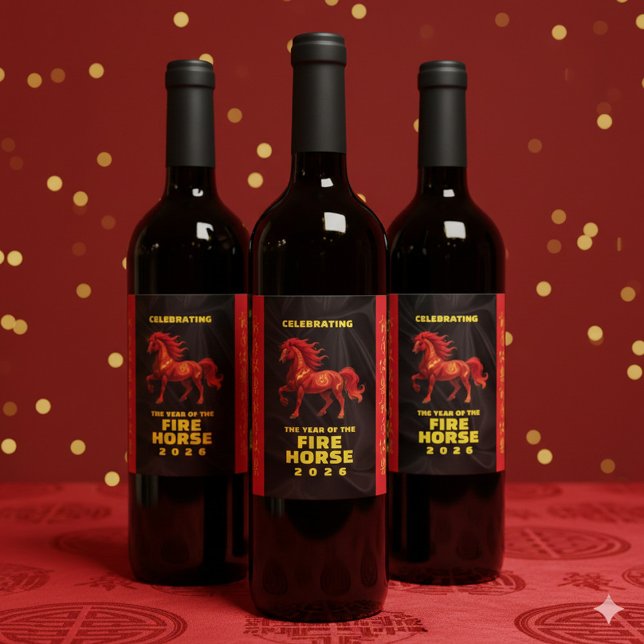 Étiquette Pour Bouteilles De Vin Stunning Chinese Year of the Fire Horse 2026 (Stunning Chinese New Year of the Fire Horse 2026 Wine Labels Cover Photo)