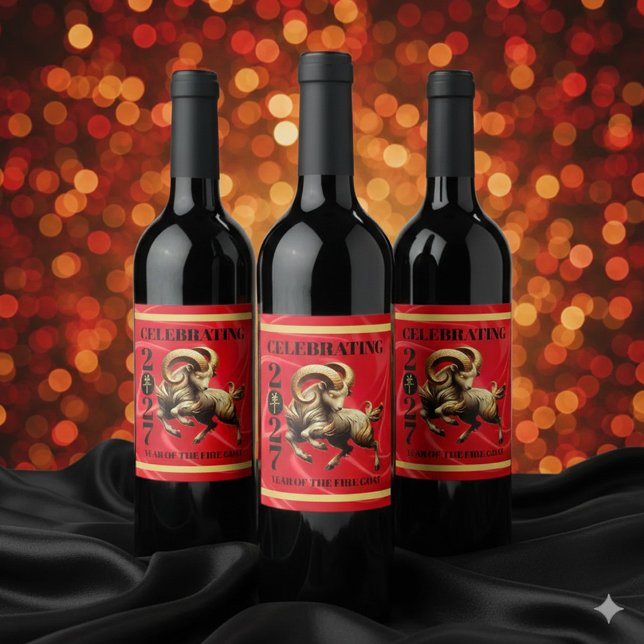 Étiquette Pour Bouteilles De Vin Stunning Red Gold Chinese Year of Fire Goat 2027 (Stunning Red & Gold Chinese Year of the Fire Goat 2027 Wine Labels Cover Photo)
