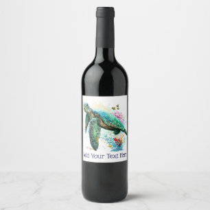Étiquette Pour Bouteilles De Vin Style d'aquarelle sous-marine de tortue marine