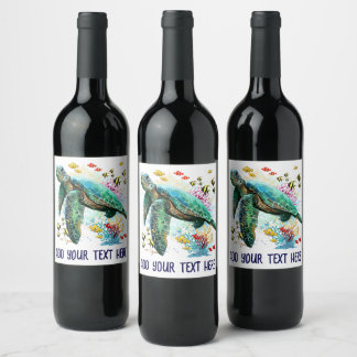 Étiquette Pour Bouteilles De Vin Style d'aquarelle sous-marine de tortue marine