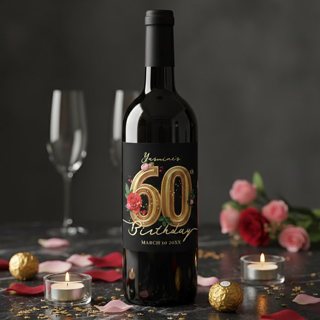 Étiquette Pour Bouteilles De Vin Stylish 60th Birthday Black Gold Red Pink Roses (Créateur téléchargé)