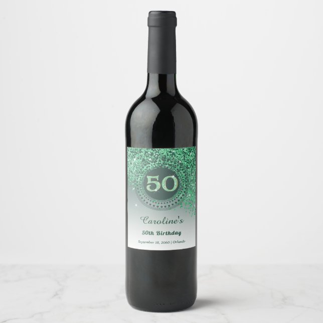 Étiquette Pour Bouteilles De Vin Stylish Falling Green Glitter 50th Birthday (Devant)