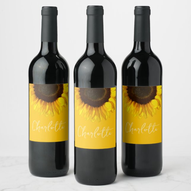 Étiquette Pour Bouteilles De Vin Summertime Yellow Sunflower Nom personnalisable (Bouteilles)