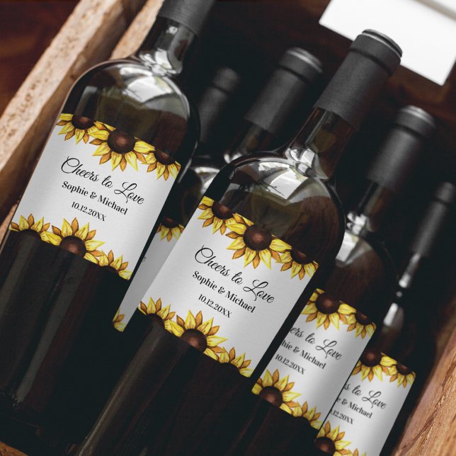 Étiquette Pour Bouteilles De Vin Sunflower Jaune Blanc Mariage Cheers Élégant (Créateur téléchargé)