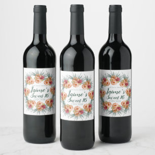 Étiquette Pour Bouteilles De Vin Sweet sixteen Aquarelle Florale Pêche Vert