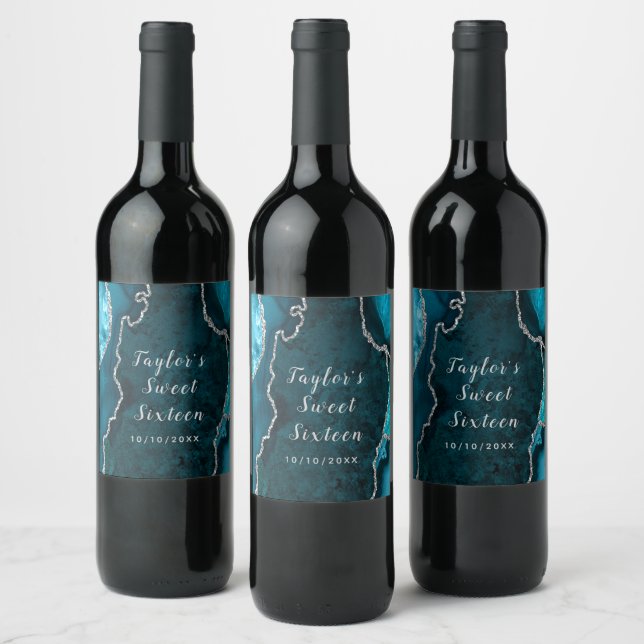 Étiquette Pour Bouteilles De Vin Sweet sixteen en marbre turquoise et argenté (Bouteilles)