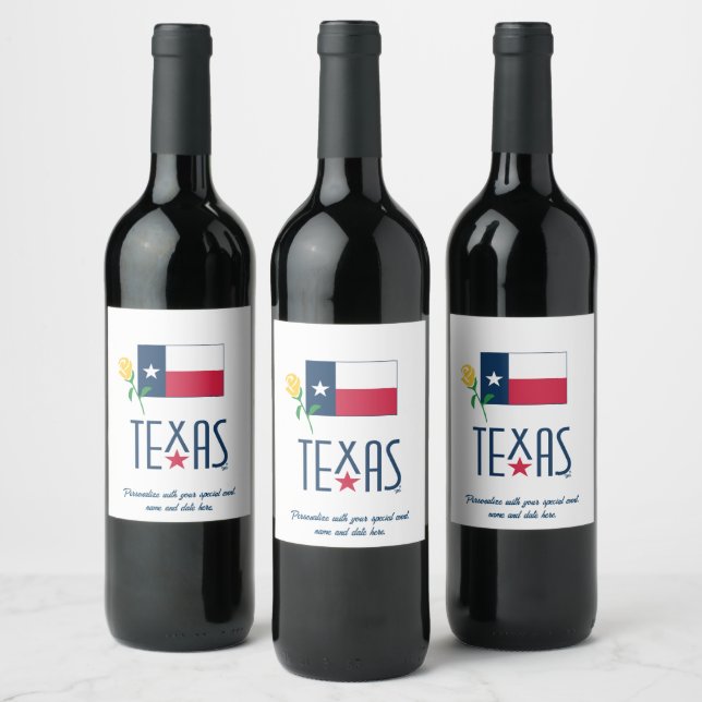 Étiquette Pour Bouteilles De Vin Symboles du Texas, drapeau du Texas et rose jaune (Bouteilles)
