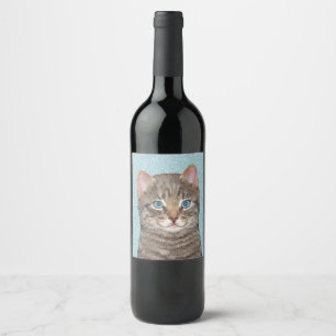 Étiquette Pour Bouteilles De Vin Tabby Gris Peinture De Chat - Cute Art De Chat Ori