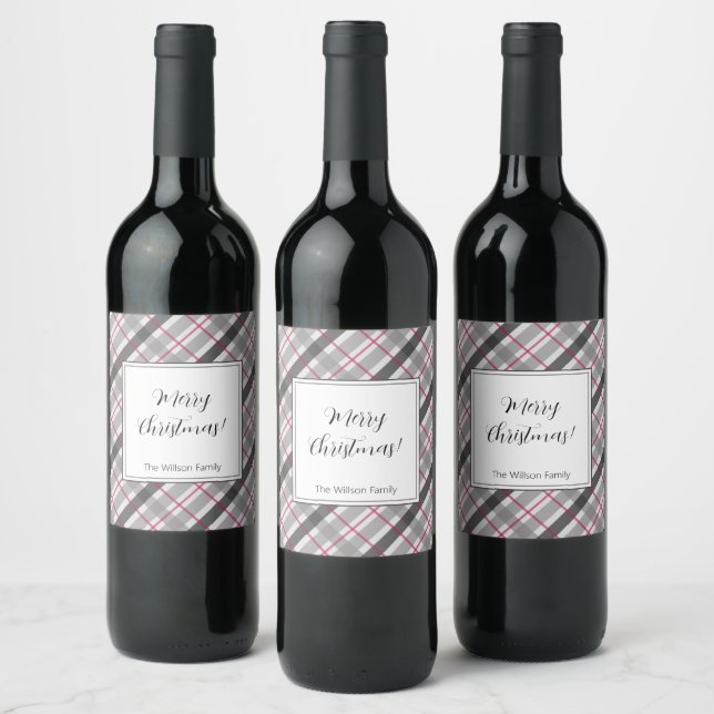 Étiquette Pour Bouteilles De Vin Tartan Balmoral Noir Gris Bourgogne Monogramme (Bouteilles)