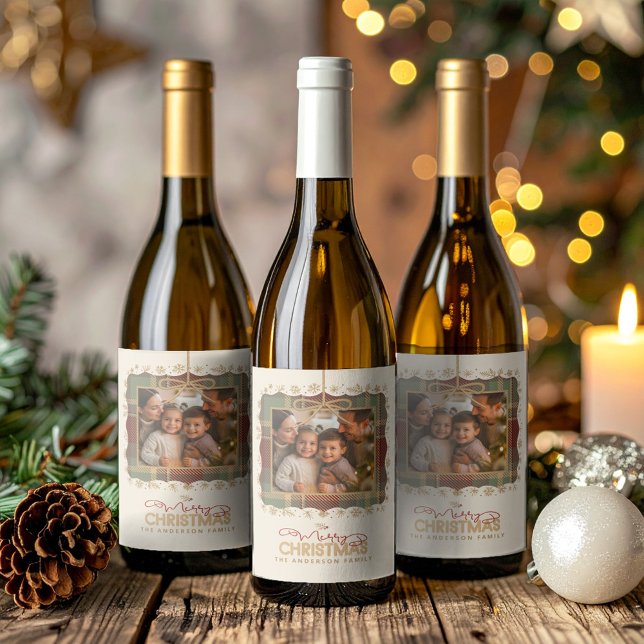 Étiquette Pour Bouteilles De Vin Tartan Trim Christmas One Photo Template ID1141A (Créateur téléchargé)