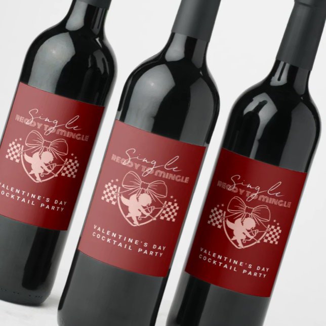 Étiquette Pour Bouteilles De Vin Tasse Cupidon rouge pour célibataire prêt à se mêl (Créateur téléchargé)