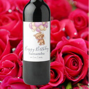 Étiquette Pour Bouteilles De Vin Teddy Bear Balloons rose Fille fête d'anniversaire