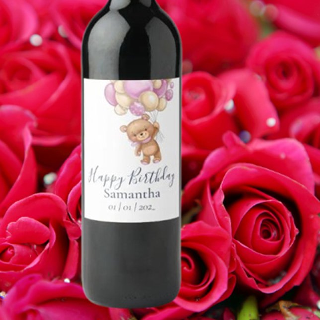 Étiquette Pour Bouteilles De Vin Teddy Bear Balloons rose Fille fête d'anniversaire (Celebrate her special day with a charming Teddy Bear Pink Balloons Girl Birthday Party wine label)