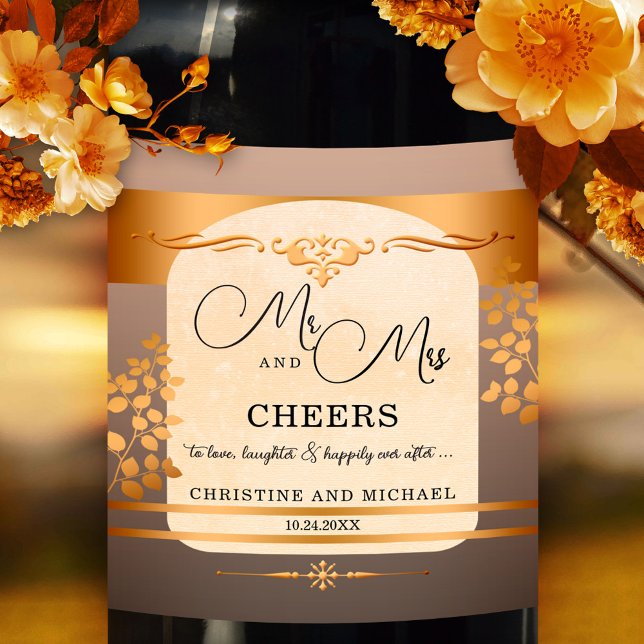 Étiquette Pour Bouteilles De Vin Terra Cotta Rose Gold Mariage Vin Étiquette (Elegant wedding wine label in rose gold and terra cotta with fall leaves. Great for a fall wedding)