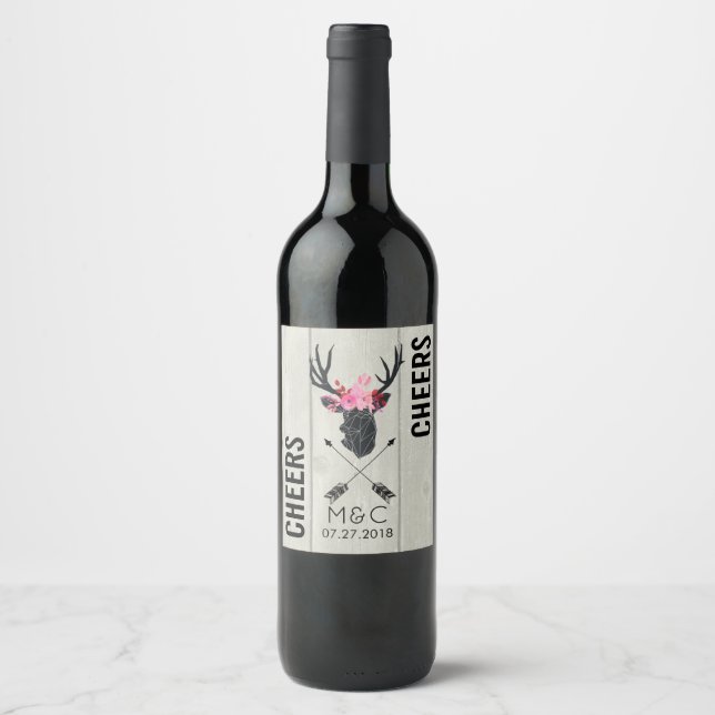 Étiquette Pour Bouteilles De Vin Tête de cerf géométrique avec couronne florale sur (Devant)