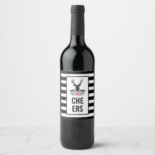 Étiquette Pour Bouteilles De Vin Tête de cerf noir avec Fleurs et Montagnes Roses