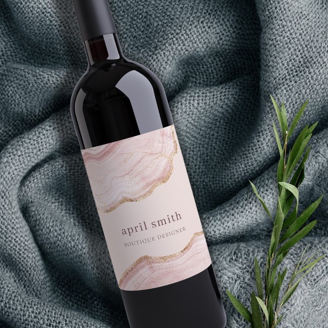 Étiquette Pour Bouteilles De Vin Texture de marbre d'agate doré rose pastel doux (Créateur téléchargé)