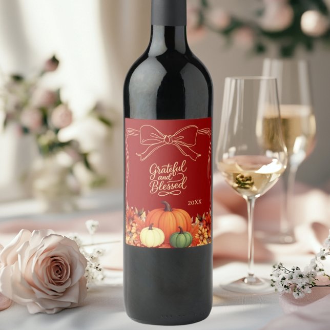 Étiquette Pour Bouteilles De Vin Thanksgiving citrouille bow terracotta Gratuit (Créateur téléchargé)