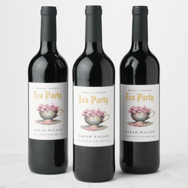 Étiquette Pour Bouteilles De Vin Théière florale or rose Fête de mariage  (Bouteilles)