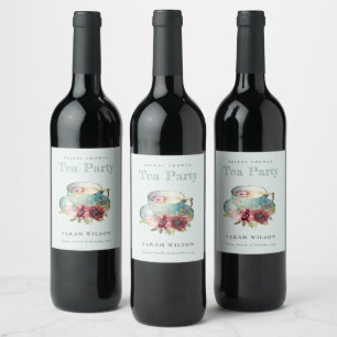 Étiquette Pour Bouteilles De Vin Théière Florale Or Sarcelle Fête de Thé Mariage