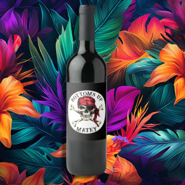 Étiquette Pour Bouteilles De Vin Thème de fête pirate Adulte Crâne salé Os (Add flair to your pirate theme party with our Salty Skull Bones wine label for adults.)