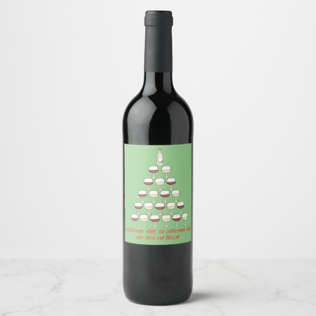 Étiquette Pour Bouteilles De Vin Thème de Noël ; arbre à vin ; verres à vin ; (Devant)