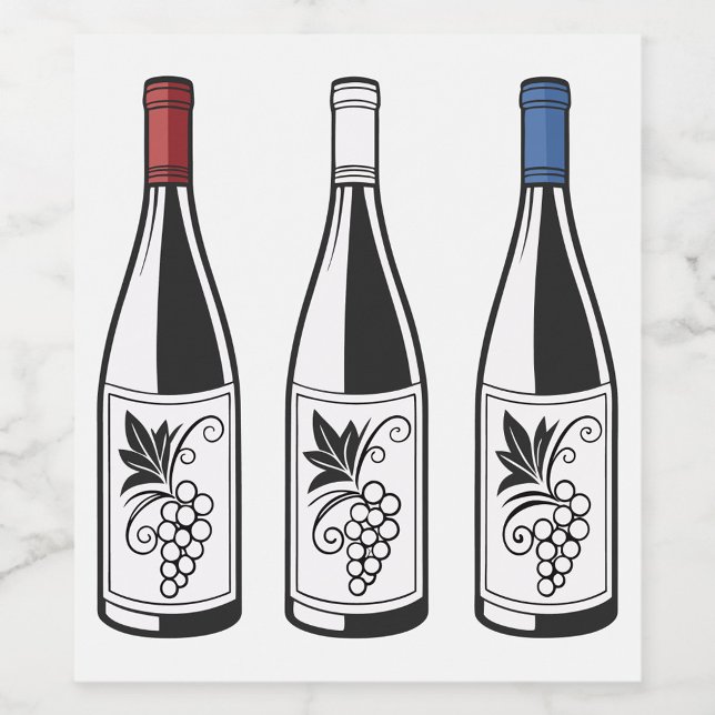 Étiquette Pour Bouteilles De Vin Three Bottles Food and Beverage Label Set (Illustration of three wine bottles, each with a different colored cap: red, white, and blue. )