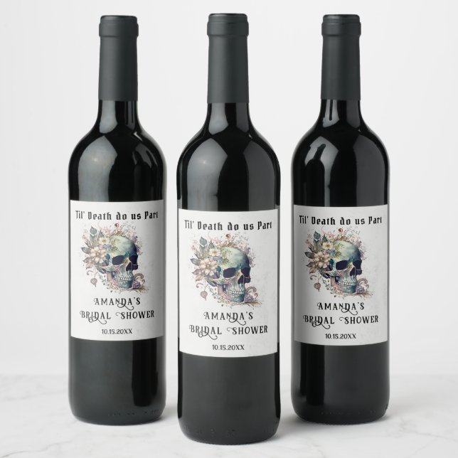 Étiquette Pour Bouteilles De Vin Til Death Floral Skull Fête des mariées gothique (Bouteilles)