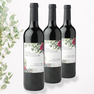 Étiquette Pour Bouteilles De Vin Toast de mariage Rose Rouge et Eucalyptus