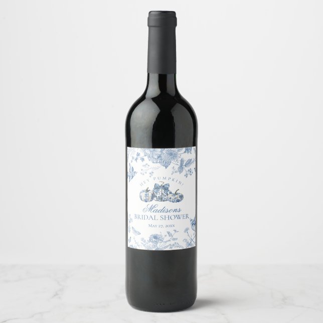 Étiquette Pour Bouteilles De Vin Toile Bleu Citrouille Chute Florale Bridal Showe (Devant)