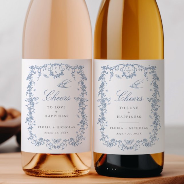 Étiquette Pour Bouteilles De Vin Toile bleu Mariage Vin bouteille Étiquette Chinois (Créateur téléchargé)