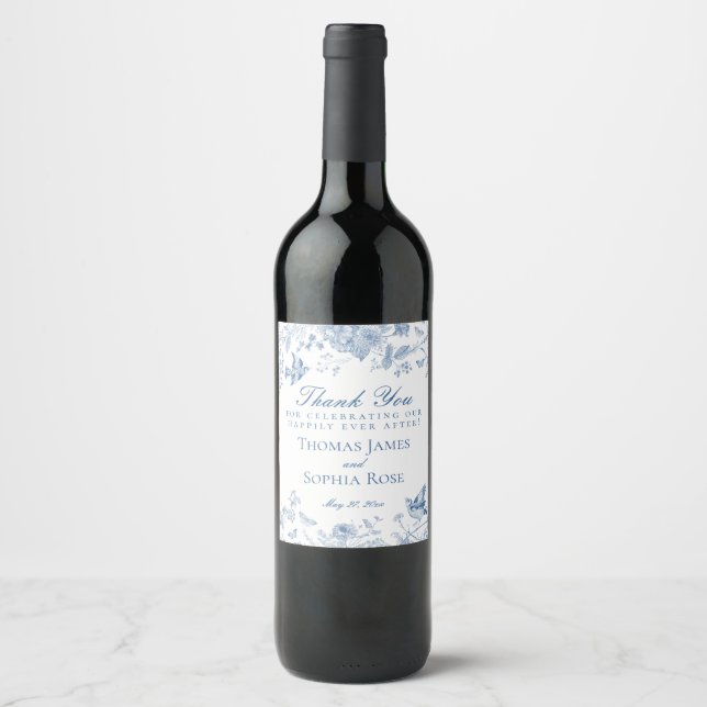 Étiquette Pour Bouteilles De Vin Toile Bleue De Jouy Fête De Mariage Faveurs (Devant)
