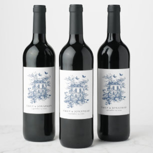 Étiquette Pour Bouteilles De Vin Toile Bleue De Jouy Floral Noms Date Mariage