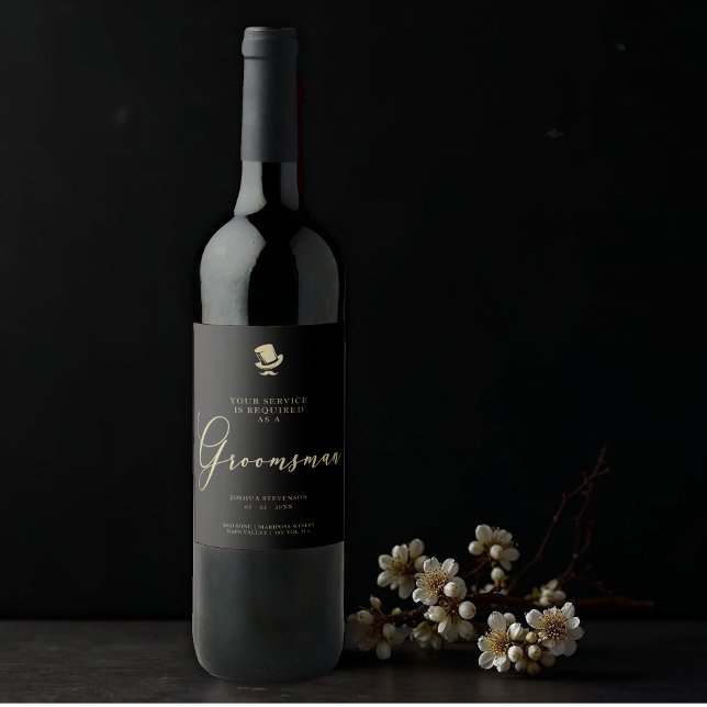 Étiquette Pour Bouteilles De Vin Top Hat Groomsman Chic Wedding Minimalist Proposal (Non-traditional Fancy Gentleman Top Hat Groomsman Wedding Minimalist Proposal Card on a Wine Label.)