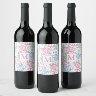 Étiquette Pour Bouteilles De Vin Tortues de mer à l'aquarelle Monogramme océan