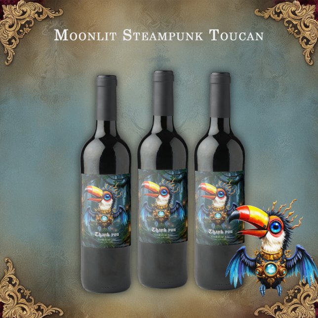 Étiquette Pour Bouteilles De Vin Toucan Steampunk au clair de lune. (Créateur téléchargé)