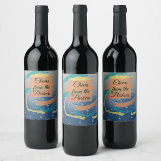 Étiquette Pour Bouteilles De Vin Touches de pinceau sarcelle, orange, jaune et cora