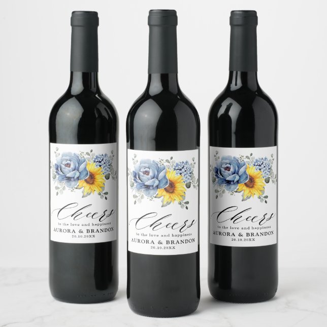 Étiquette Pour Bouteilles De Vin Tournesol Dusty Blue Slate Peony Mariage floral (Bouteilles)