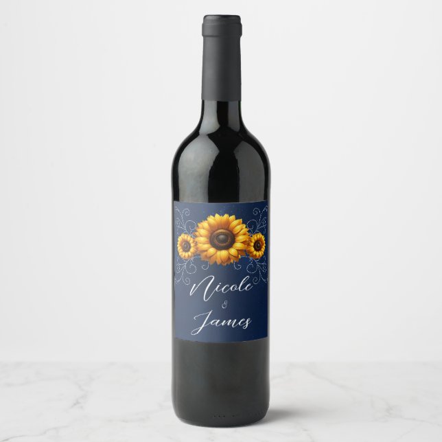 Étiquette Pour Bouteilles De Vin Tournesol Étincelle Bleu Mariage Glamour Rustique  (Devant)