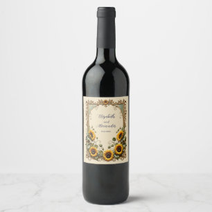 Étiquette Pour Bouteilles De Vin Tournesol jaune avec cadre d'art mariage